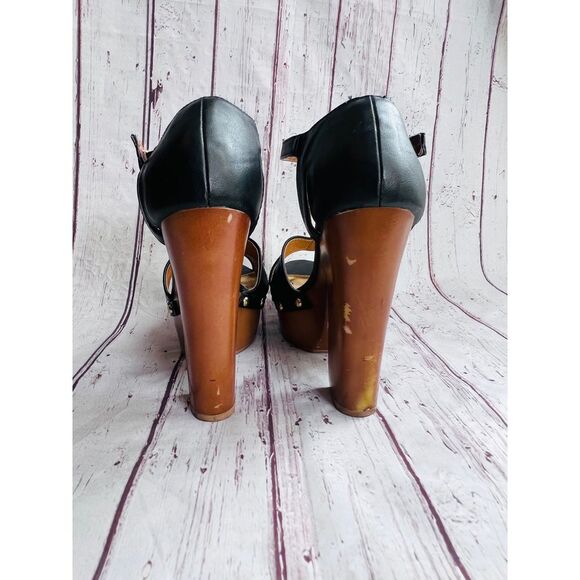 Black & Gold Studded 2" Platform w/ Brown Wood Style Chunky Block 5" Heel - Picture 4 of 10
